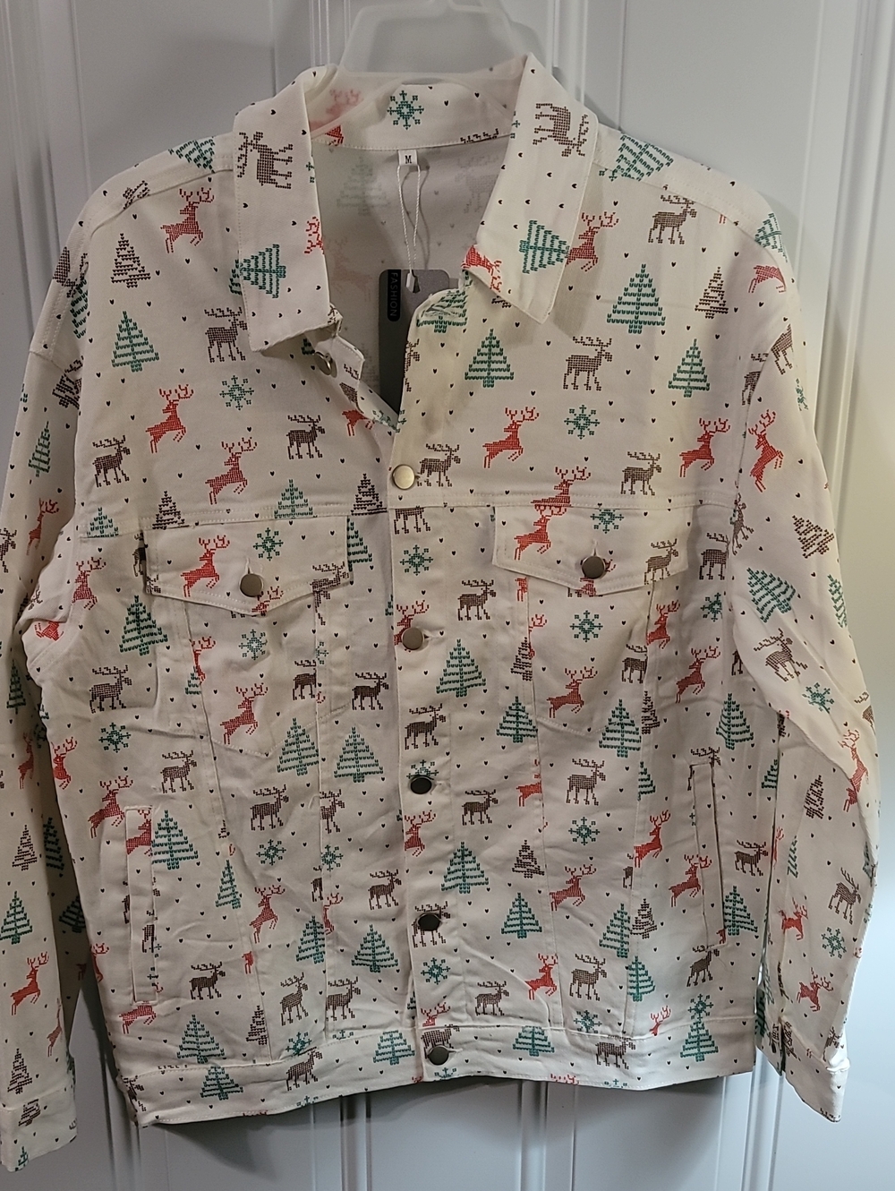 Cream Holiday Print Lightweight Denim Shirt Jacket